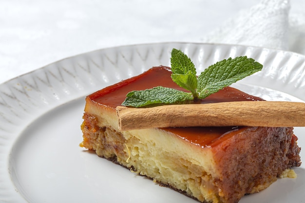 Homemade Pudding of fresh and healthy apples on marble table