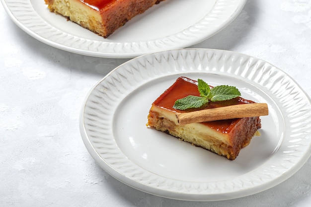 Homemade Pudding of fresh and healthy apples on marble table