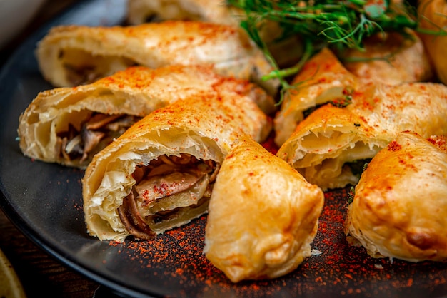 homemade puff pastry with chicken and mushroom pie