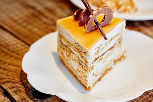 Torta di miele al caramello soffiata fatta in casa sul piatto bianco. foto del dessert delle vacanze per il menu del ristorante di pasticceria