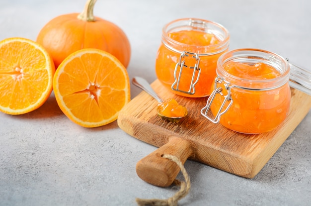 Homemade pumpkin and orange confiture in a jars.