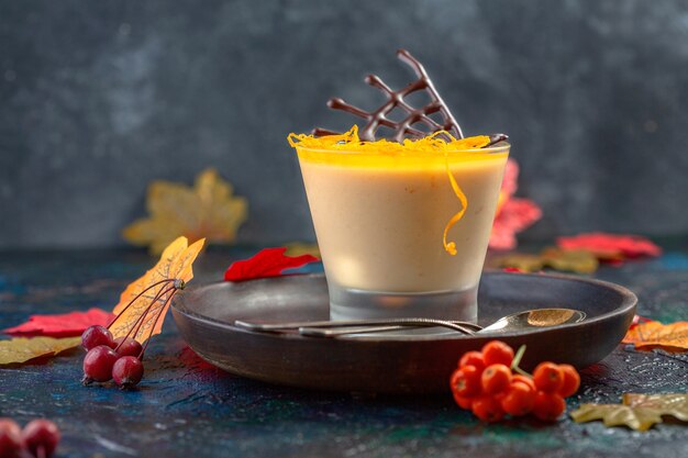 Homemade pumpkin Panna cotta with orange jelly served with zest and chocolate decor