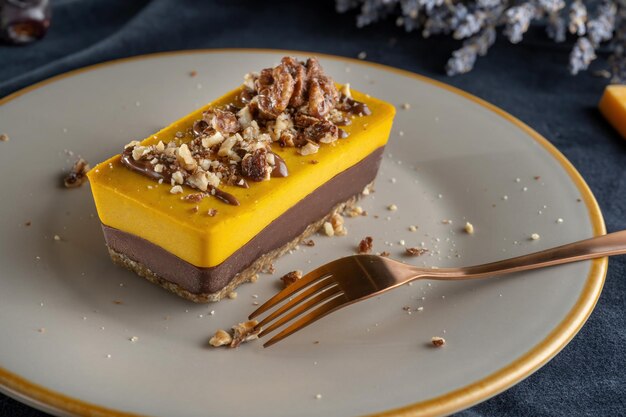 Homemade pumpkin pie with chocolate with walnuts laid on the\
background of lavender and flowers