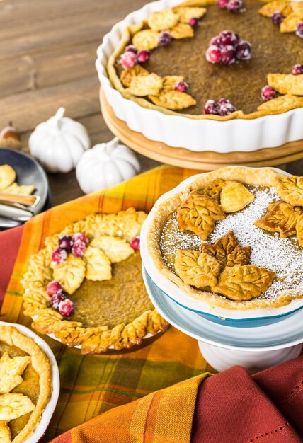 Homemade pumpkin pies with Autumn stamped leafs.