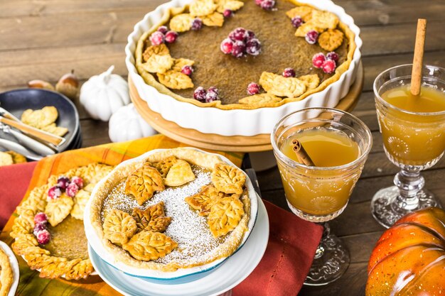 Homemade pumpkin pies with Autumn stamped leafs.