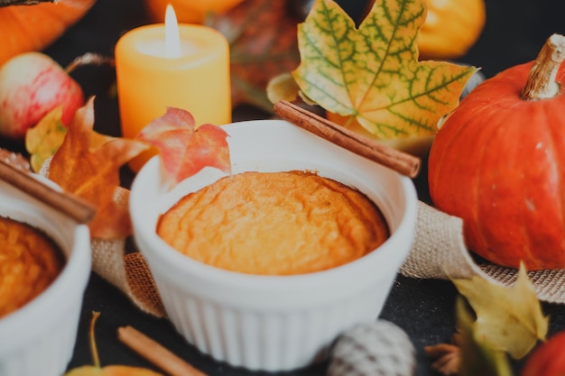 Homemade pumpkin souffle. On autumn background. Thanksgiving Day.