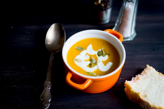 Homemade Pumpkin soup in ceramic bowl