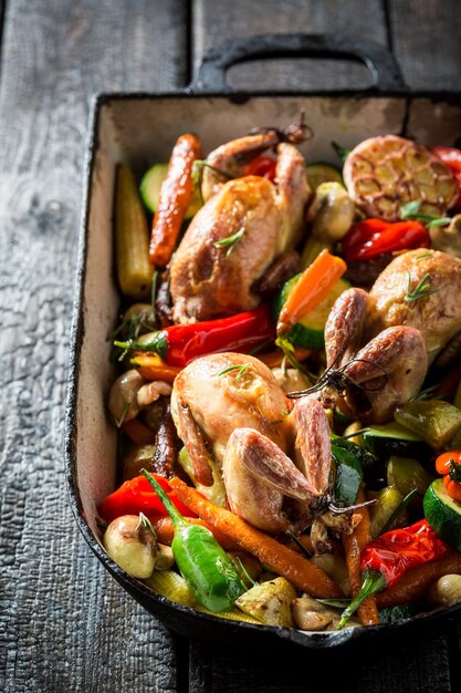 Homemade quails with spices and vegetables in casserole