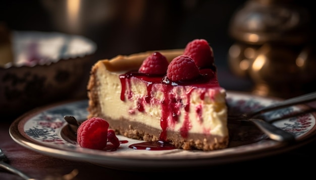 A homemade raspberry cheesecake slice with whipped cream and sauce generated by AI