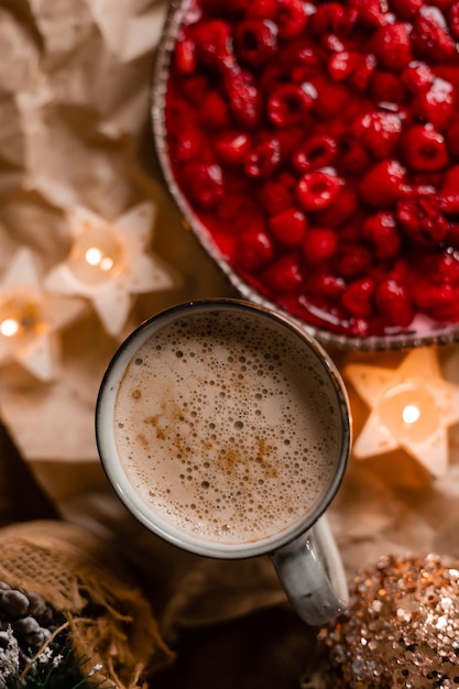 homemade raspberry and cocoa pie on the kitchen table for Christmas