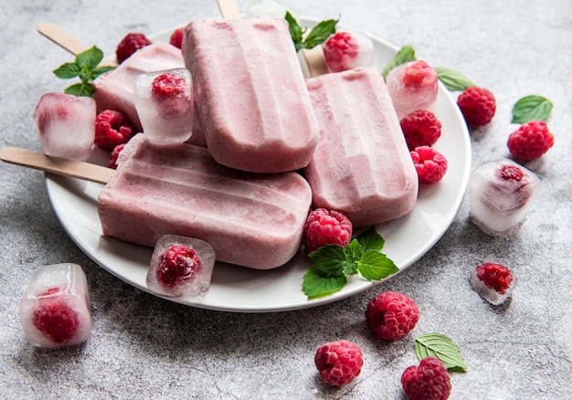 Gelato al lampone fatto in casa e lamponi freschi. cibo estivo.