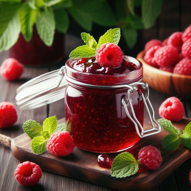 homemade raspberry jam or marmalade in the glass jar and ripe raspberry on the wooden table