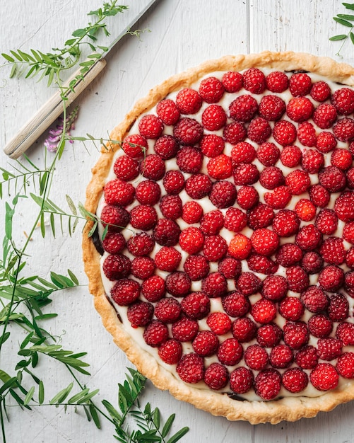 Homemade raspberry pie on white background view from above