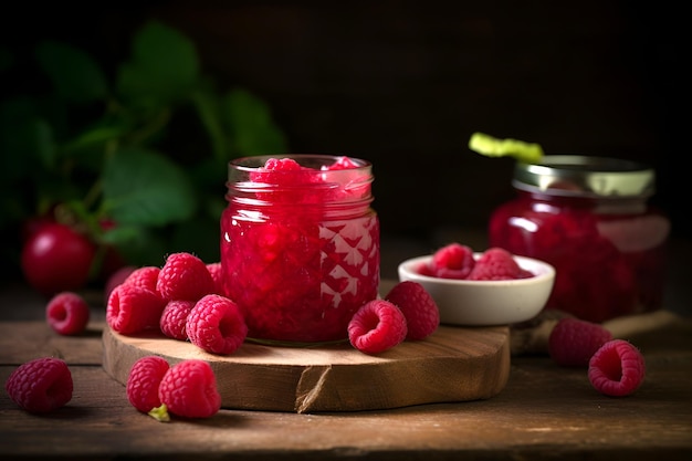 Homemade raspberry preserves or jam in a glass jar surrounded by fresh raspberries AI generated