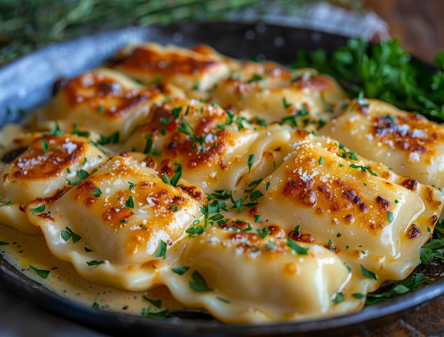 Homemade ravioli with cheese and parsley on plate