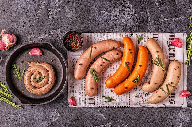 Homemade raw sausage for grilling top view