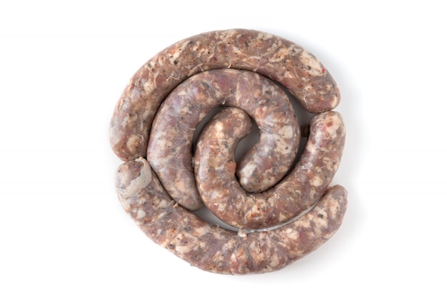 Homemade raw sausages isolated on a white background
