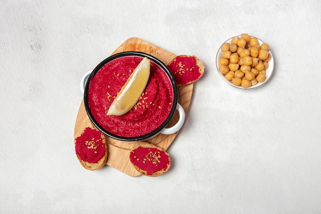 Homemade red beetroot hummus with chickpeas