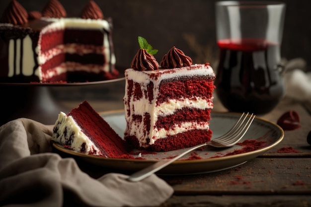 Homemade red velvet cake pieces with chocolate and cream on plate created with generative ai