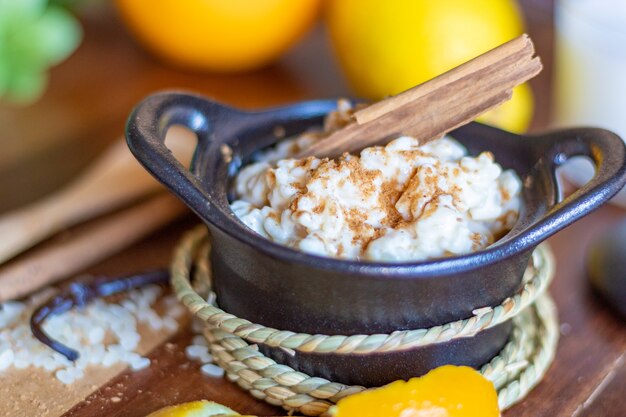 Homemade rice pudding dessert with lemon