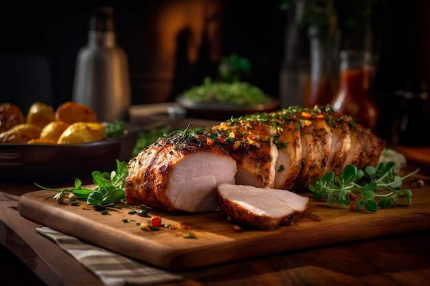 Homemade Roast Pork Tenderloin with roasted potatoes fine herbs and almonds on cutting board AI generated