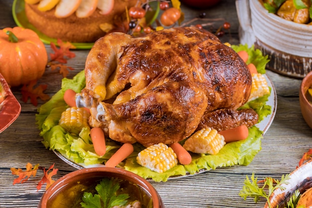 Homemade roasted turkey with other dishes .Thanksgiving Day.