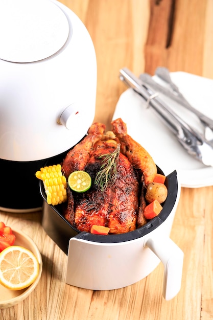 Homemade Roasted Whole Chicken with Lemon, Rosemary, Vegetable on Air Fryer. Copy Space for Text