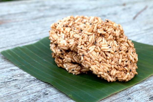 Homemade Round rice cakers on wooden desk