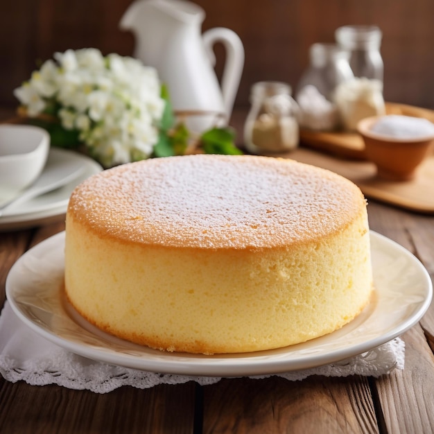 Homemade round sponge cake or chiffon cake on white plate