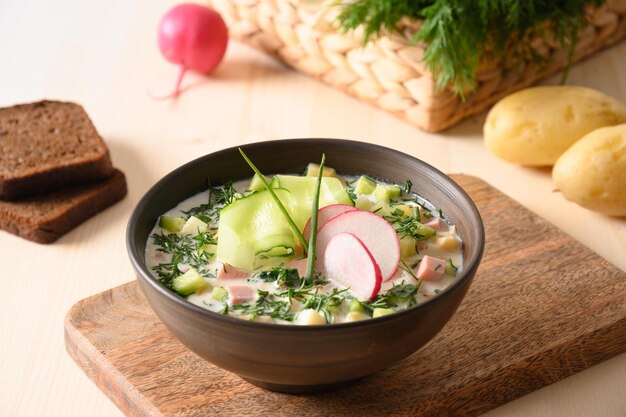 Homemade russian cold okroshka soup with kefir