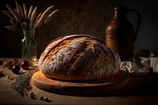 手作りの素朴な職人のパンまたはイタリアのチャバタ パン サワー種の素朴な焼きたてのパンを枝編み細工のバスケットで