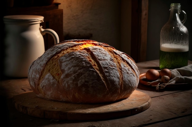 手作りの素朴な職人のパンまたはイタリアのチャバタ パン サワー種の素朴な焼きたてのパンを枝編み細工のバスケットで