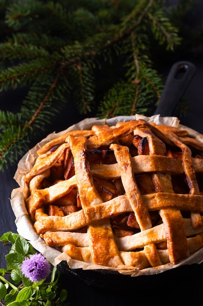 Домашний деревенский органический яблочный пирог в железной сковороде, украшенный сосновым листом на черной шиферной каменной доске