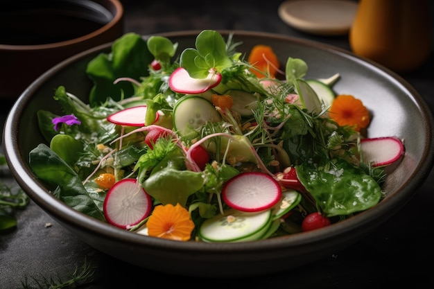 Homemade salad with freshly picked vegetables and herbs topped with crunchy radish