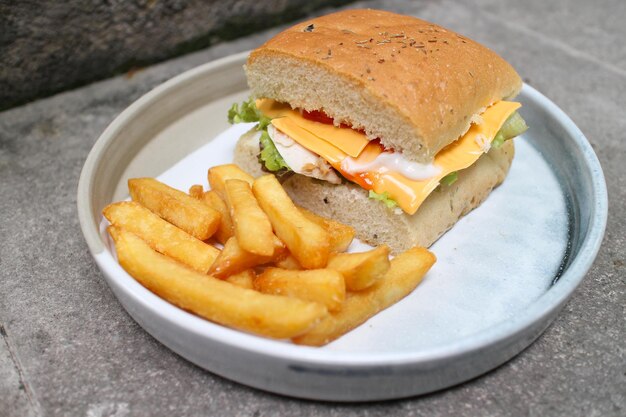 Photo homemade sandwich with focaccia bread double melted cheese and serve with shoestring fries