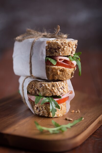 Homemade sandwiches prepared with fresh vegetables and olive oil