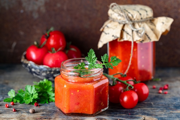 Homemade sauce made from ripe red tomatoes in glass jars.