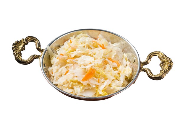 Homemade sauerkraut with black pepper and salt in a skillet Isolated on white background Top view