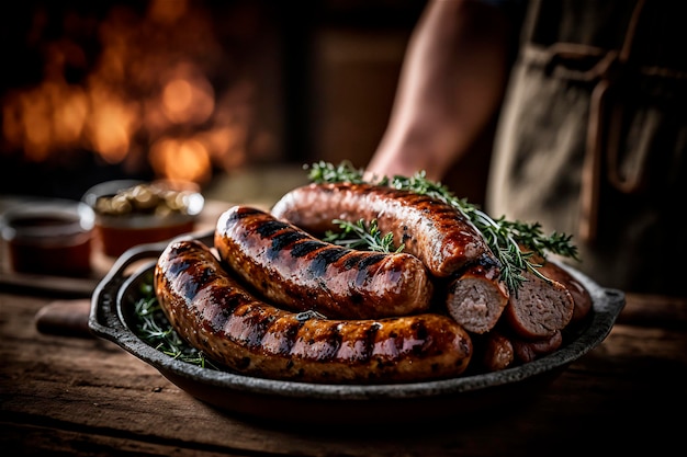 Homemade sausage grilled with herbs on rustic wooden table AI generated