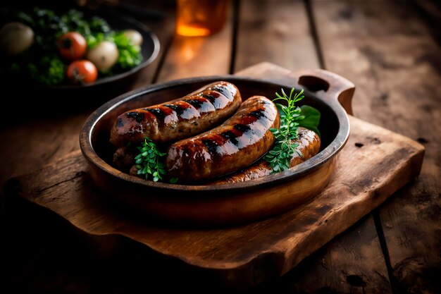 Homemade sausage grilled with herbs on rustic wooden table AI generated