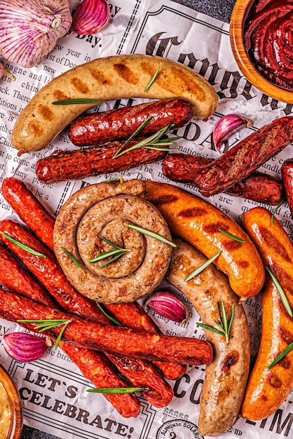 Homemade sausages grilled on a newspaper