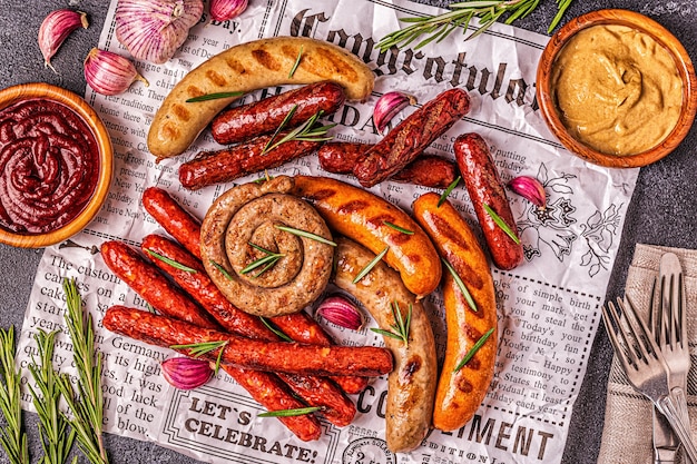 Homemade sausages grilled on a newspaper