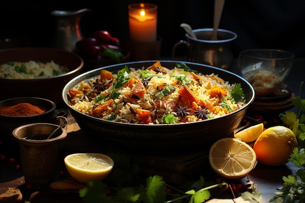 Homemade seafood fried rice with shrimps and spices