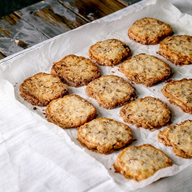 Homemade shortbread sugar cookies with nuts and chocolate