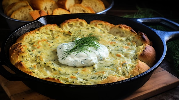 Homemade skillet bread with artichoke dip