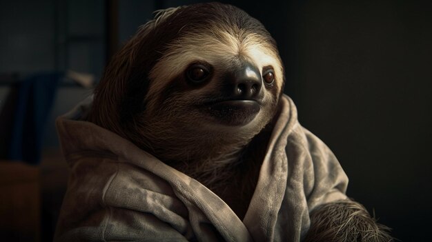 Homemade sloth with a bathrobe Generative AI