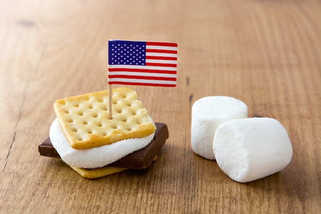 Homemade smores on wooden table