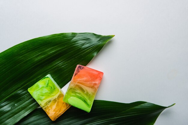 Homemade soap bars on a green leaf background