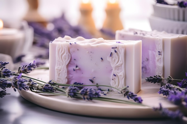 Homemade Soap Bars with Lavender Flowers