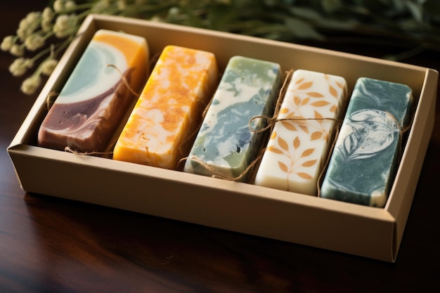 Homemade soap pieces in a gift box